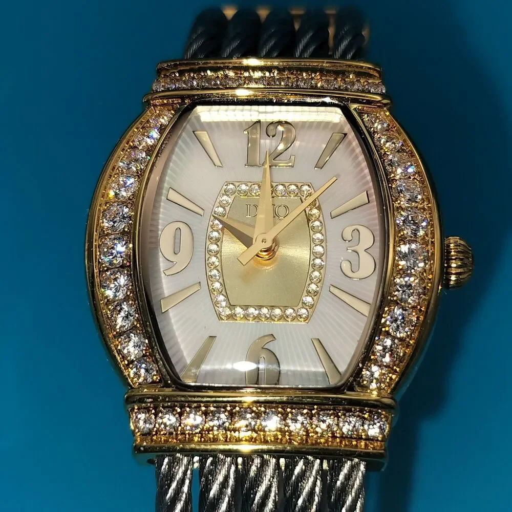 DMQ Women's Gold Tone Cubic Zirconia Mother of Pearl Dial Cable Bangle Watch